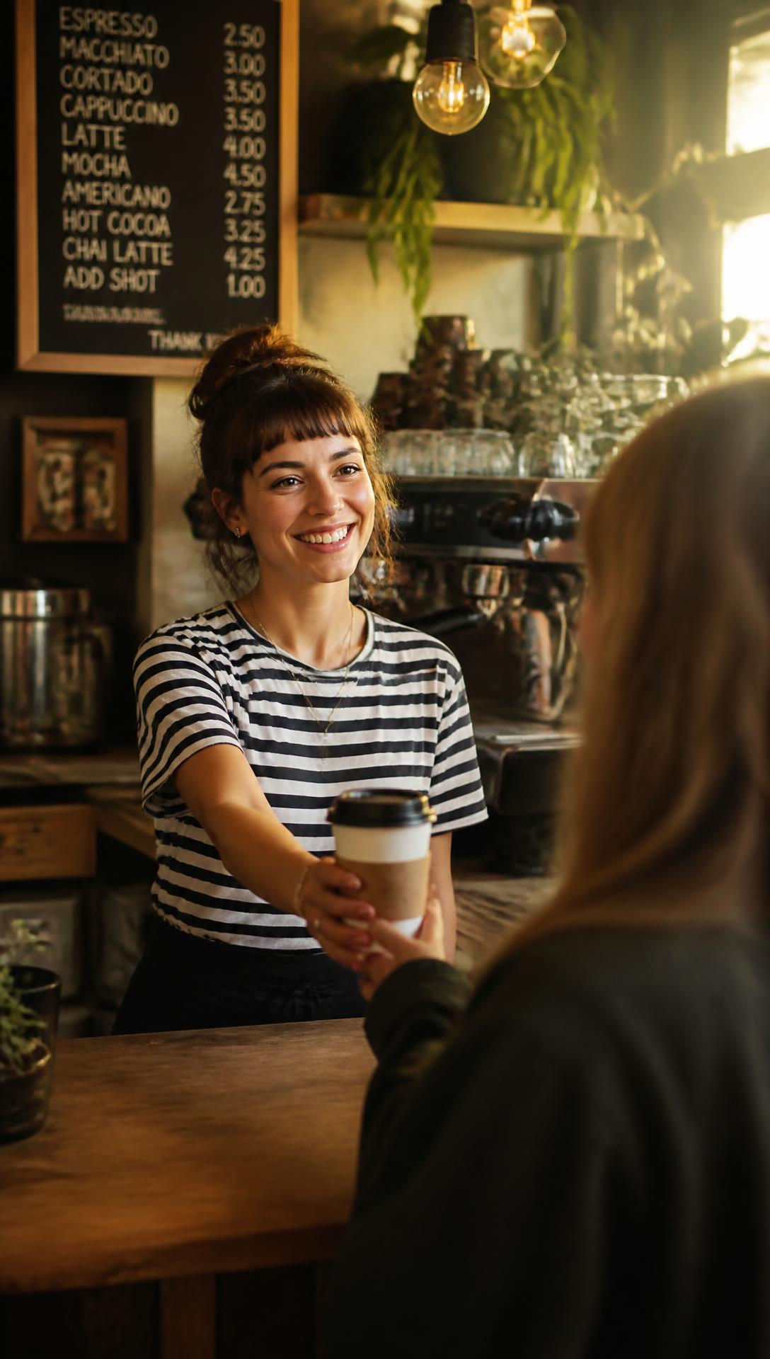 Barista serving a customer at an independent coffee shop