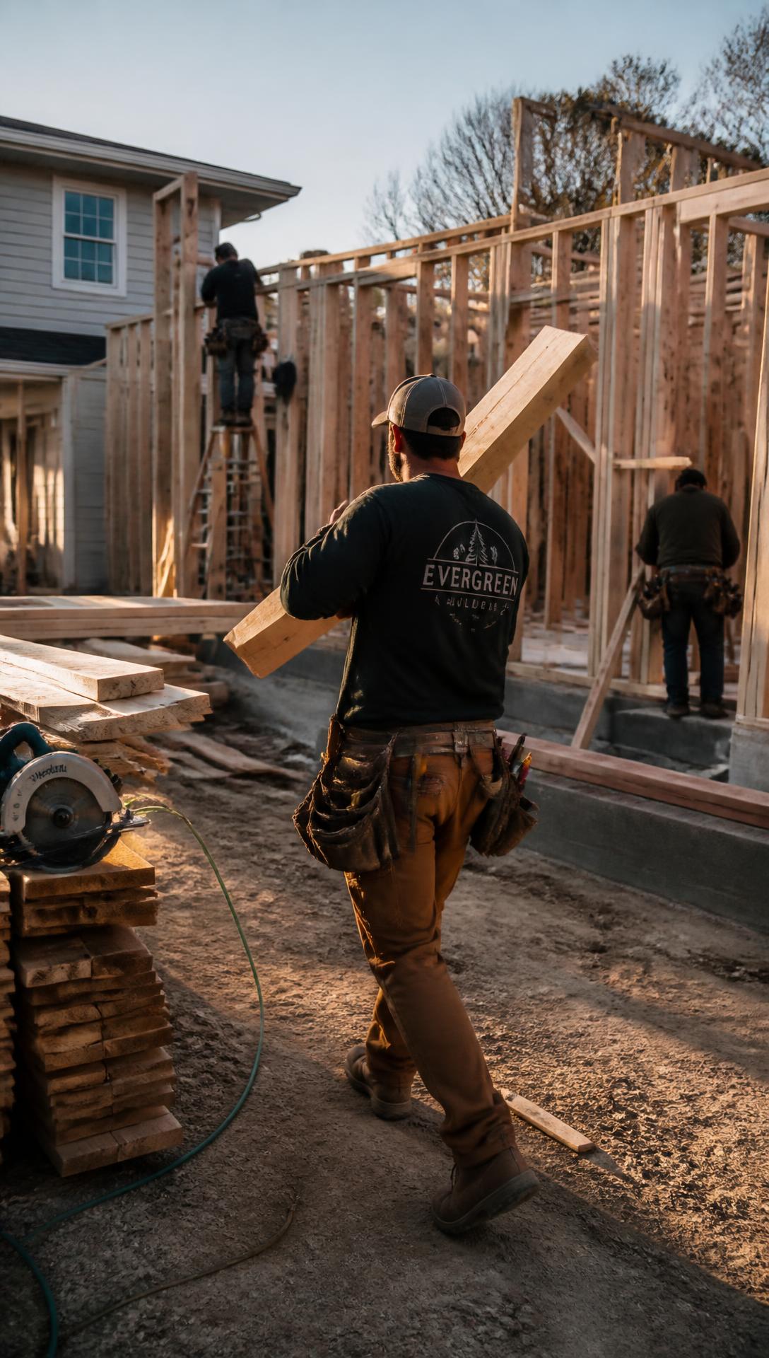 Construction crew framing a residential addition on a job site