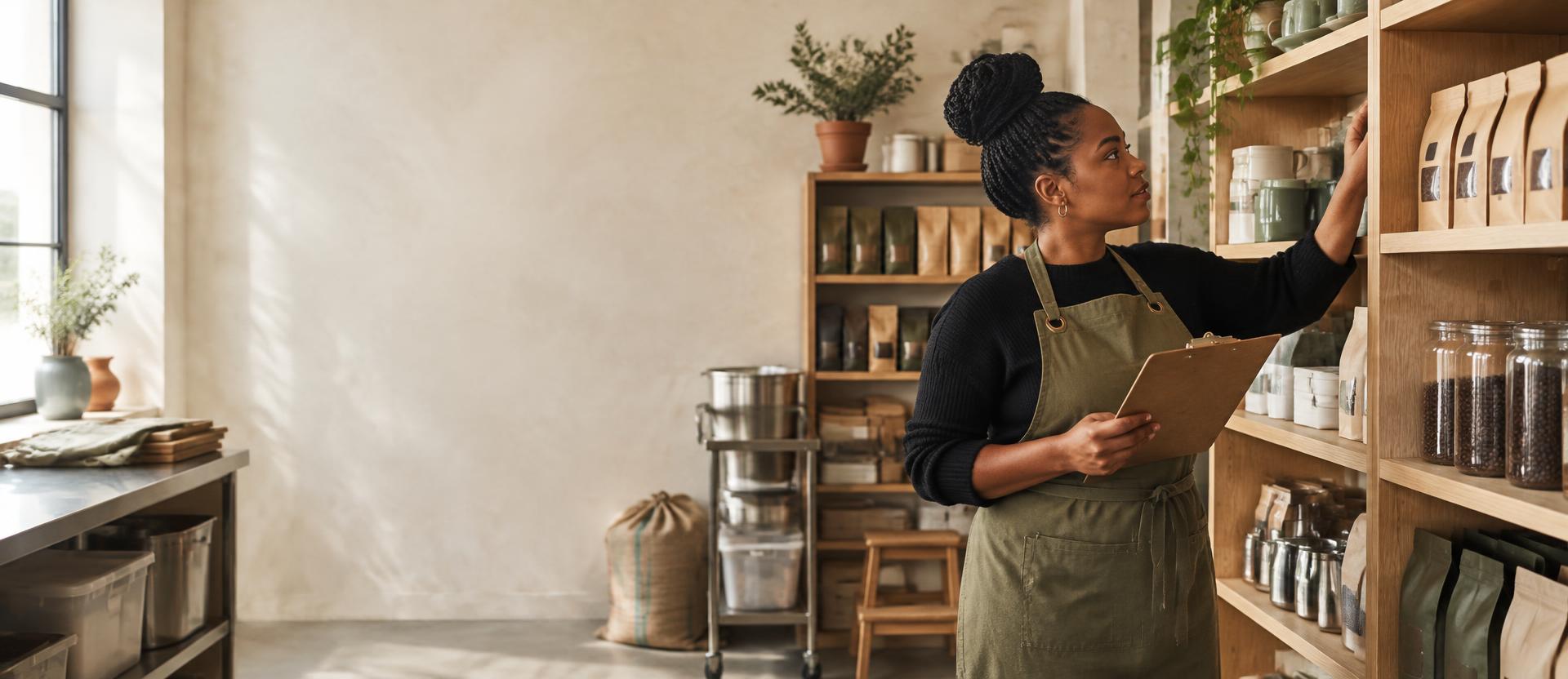Coffee shop owner checking stock room shelves