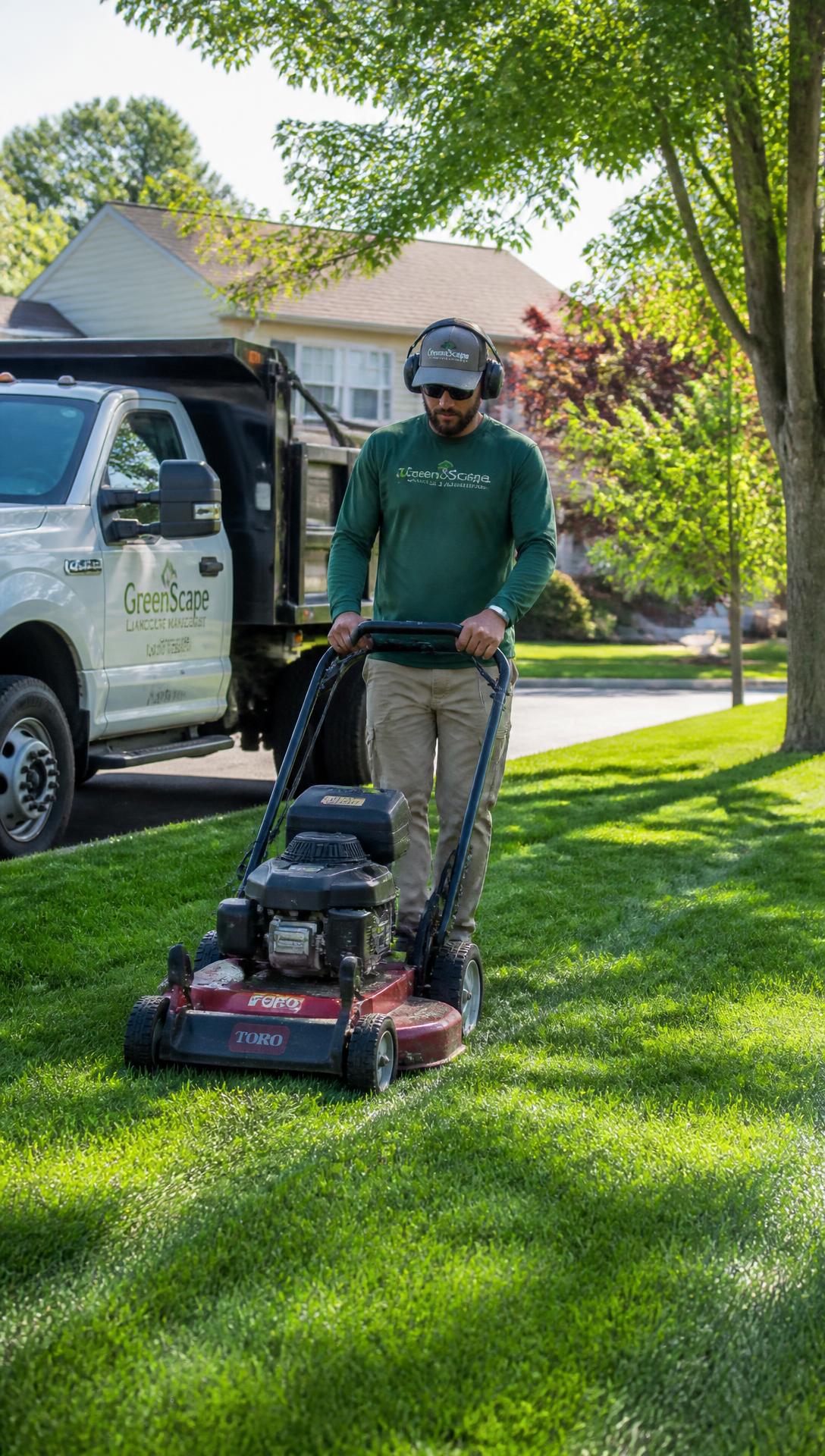 Landscaping crew mowing a residential lawn beside their work truck