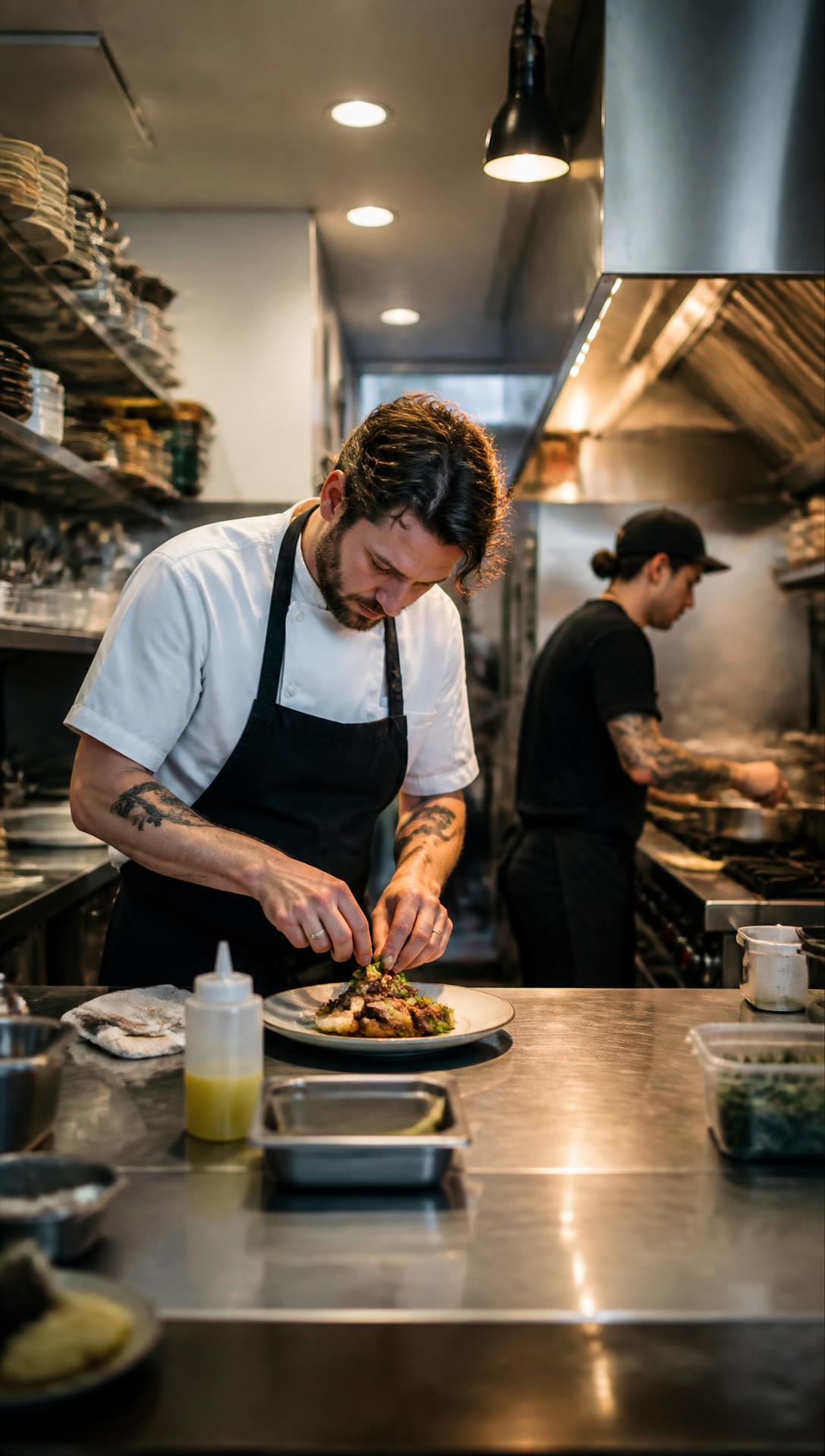 Chefs preparing food in an independent restaurant kitchen