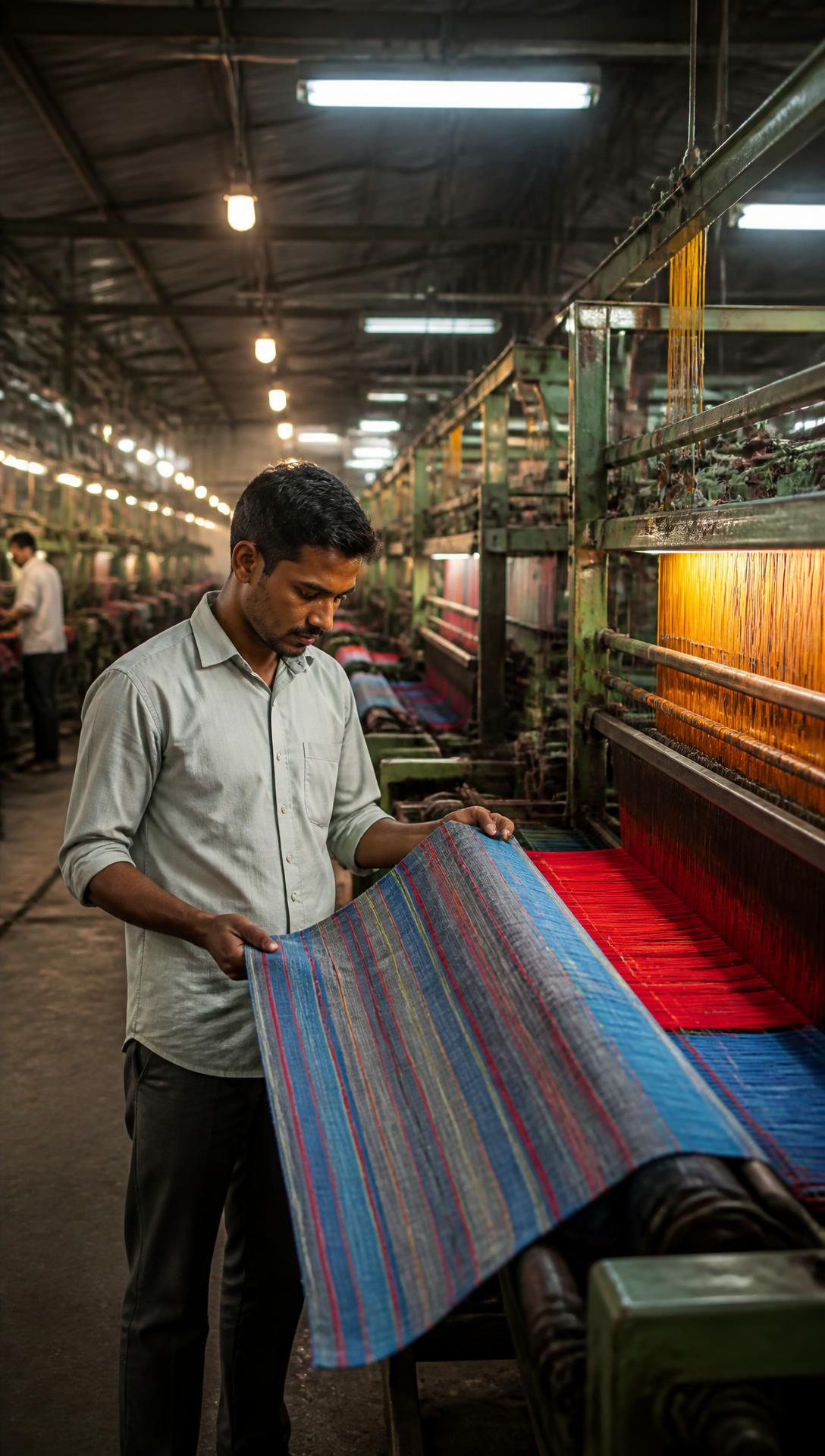 Modern textile mill floor with industrial weaving looms